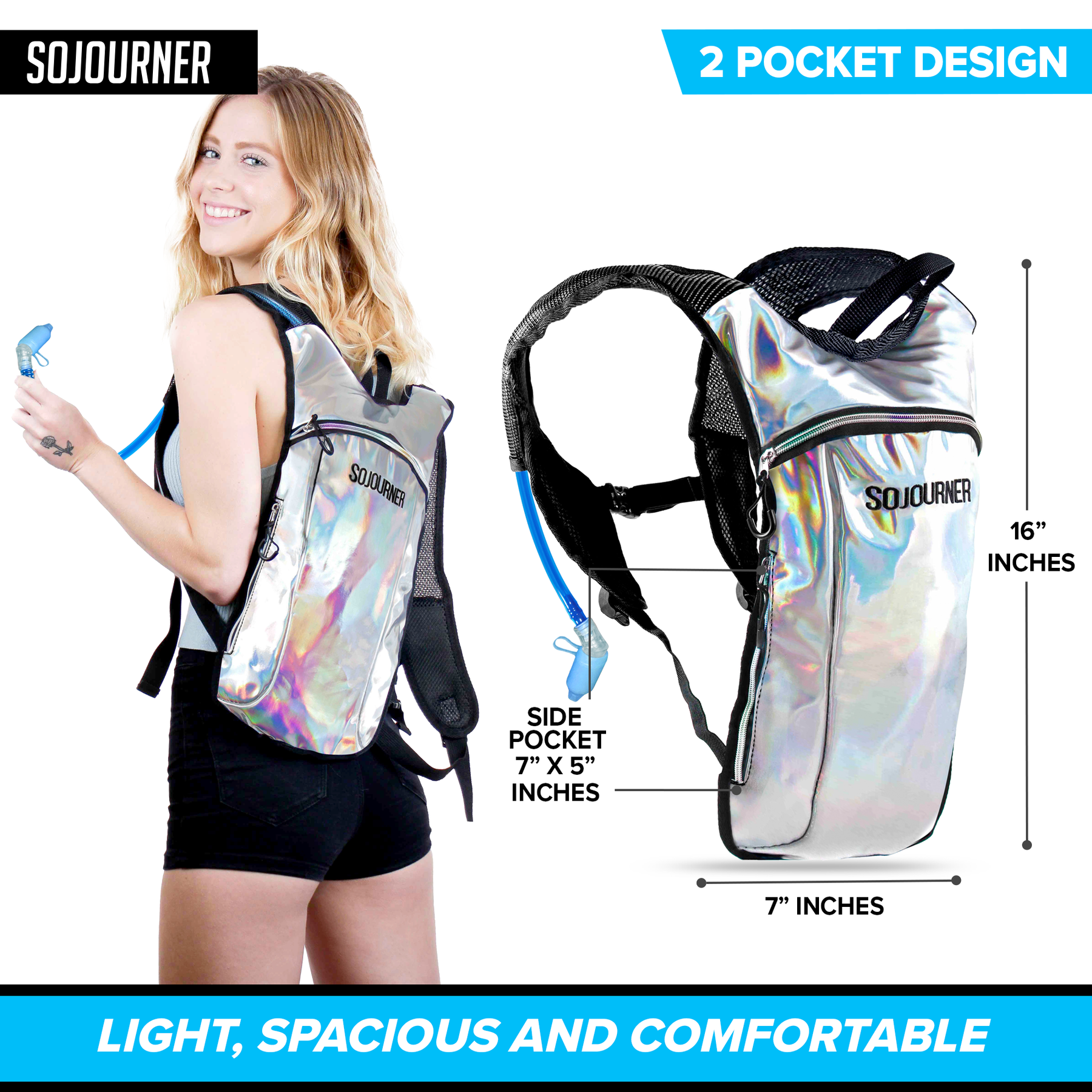 Medium Hydration Pack Backpack - 2L Water Bladder - Holographic - Silver