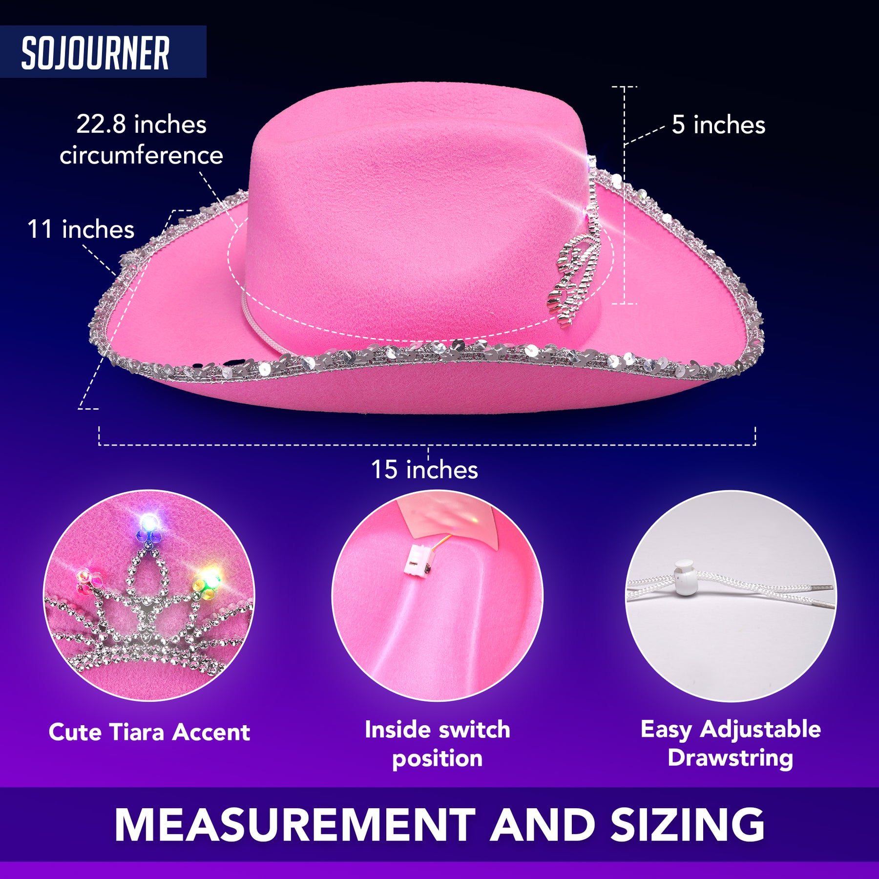 Pink Cowgirl Hat - Light Up Pink Cowboy Hat with Crown - Cute Sequined  Preppy Cowgirl Hat perfect for Halloween Costumes Parties - Flashing Lights